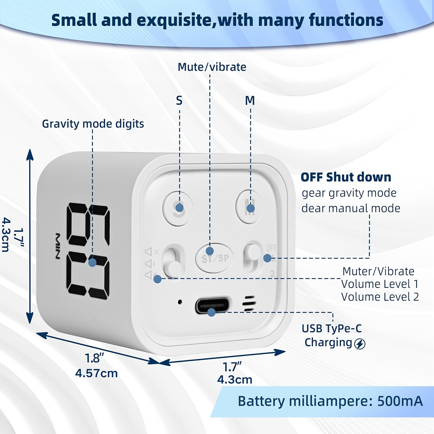 Temporizador de escritorio de plástico blanco con carga USB, control manual y por gravedad