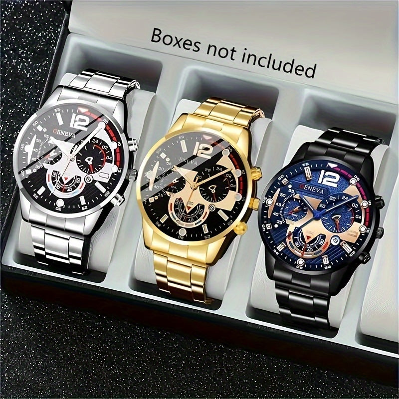 Set of 3 Luxury Stainless Steel Quartz Watches for Men and Women with Precision Time Scale