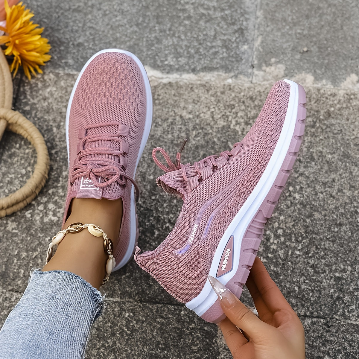 Women's Casual Knit Running Shoes with Lace-Up Patterned Design
