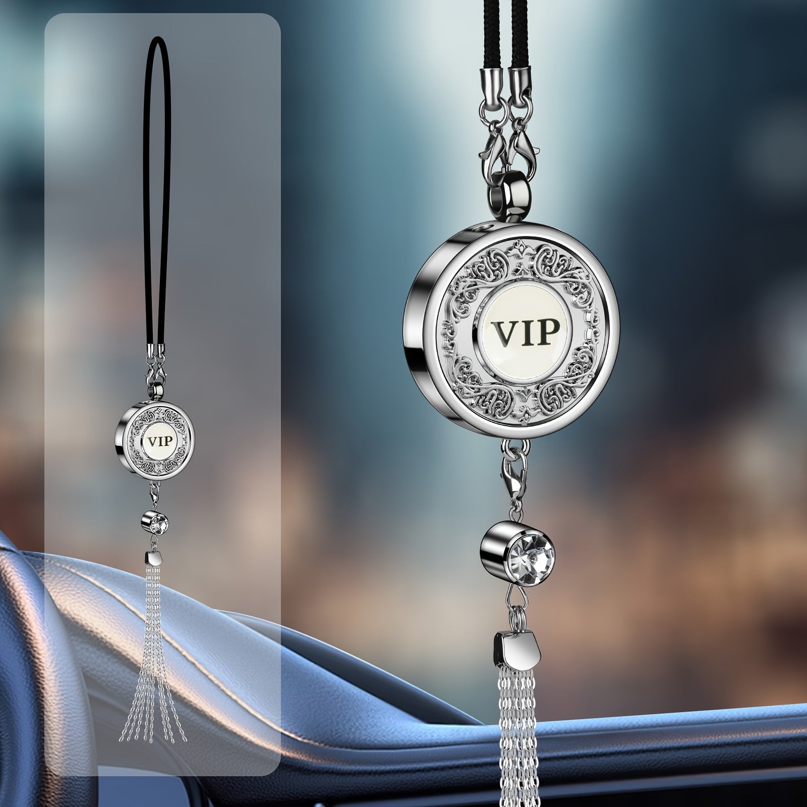 European Pattern Metal Car Air Freshener Hanging Perfume Container with Tassel in Gift Box