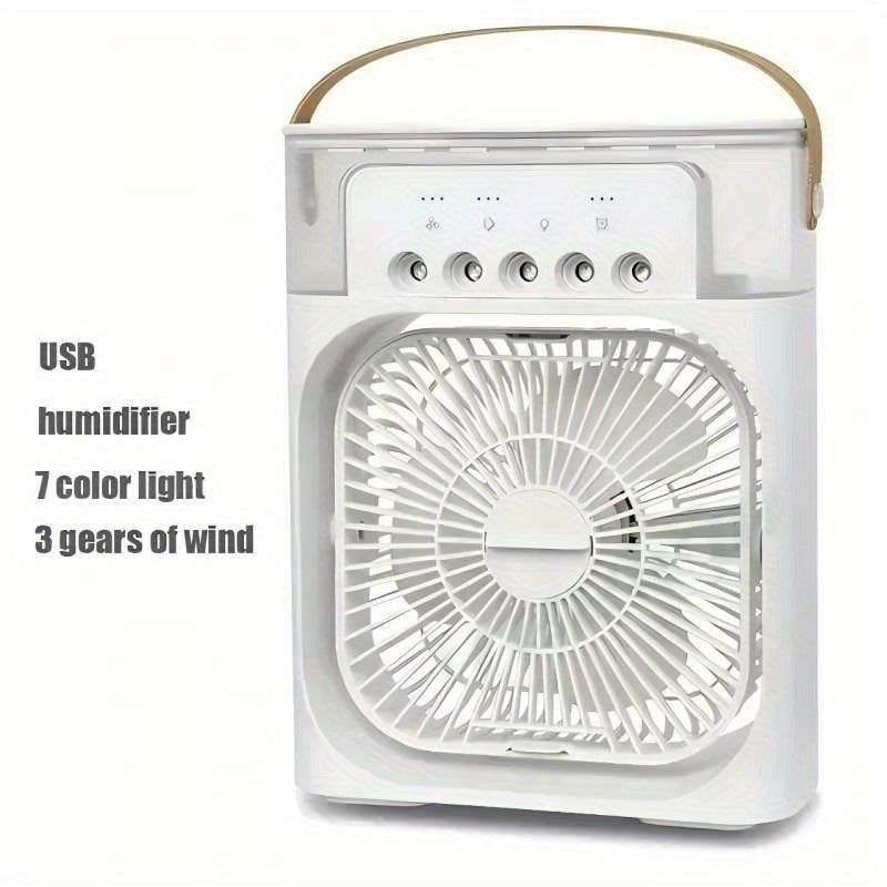 Compact USB Fan with LED Lights Humidifier and Adjustable Speeds for Home Office Use