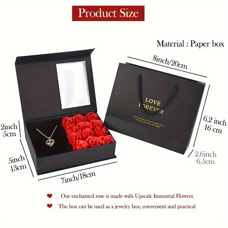 Heart Pendant Necklace Set with Red Rose for Valentine's Day and Gift