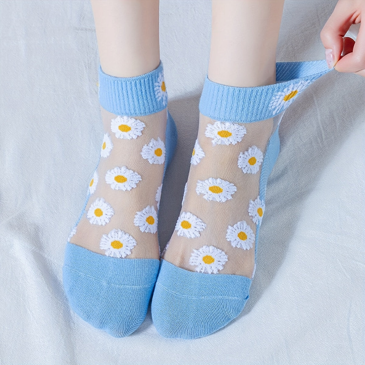 Women's Short Socks 5 Pairs Breathable Cotton Polyester Elastane Daisy Pattern