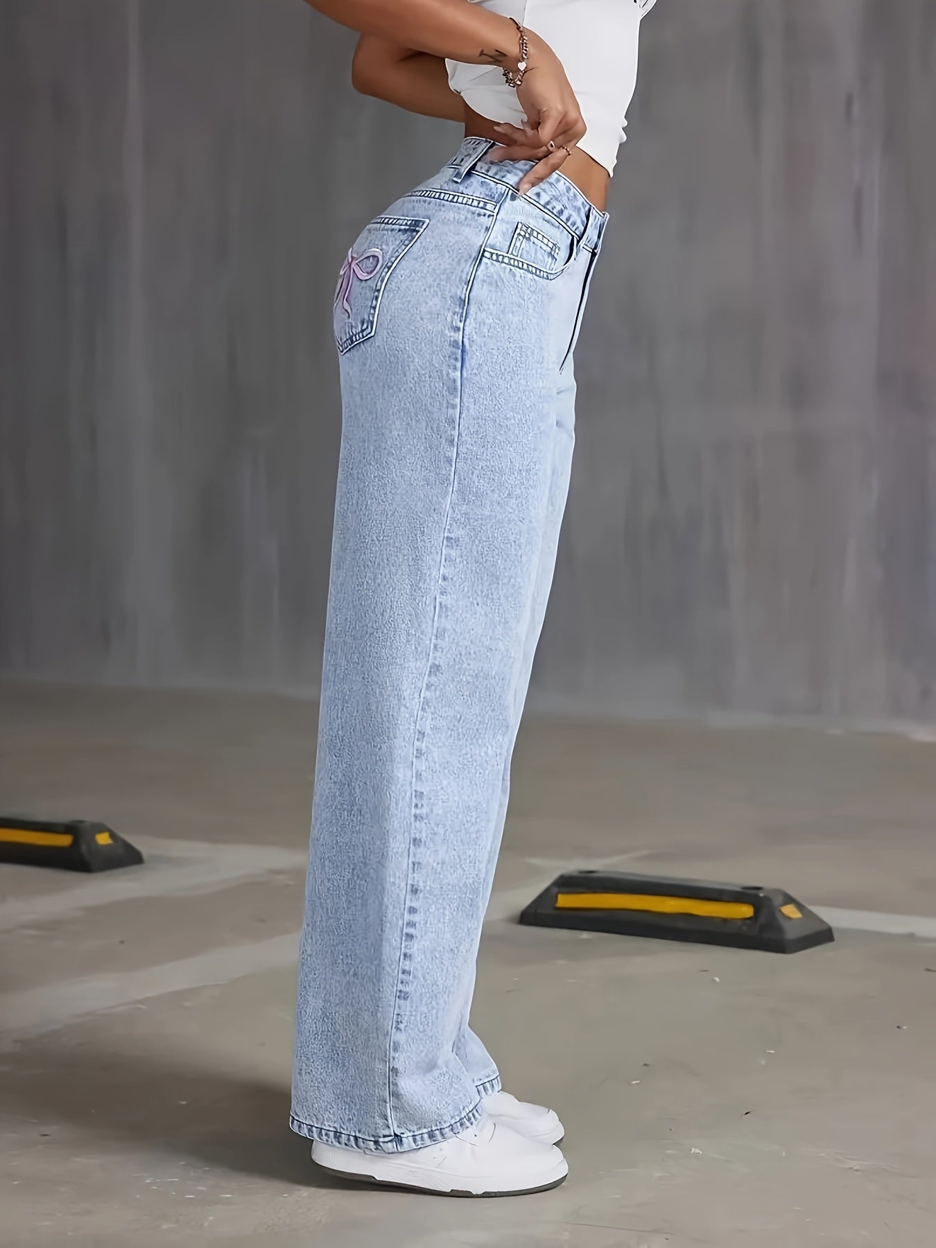 Women's Light Wash Blue Denim Wide Leg Pants with Butterfly Details