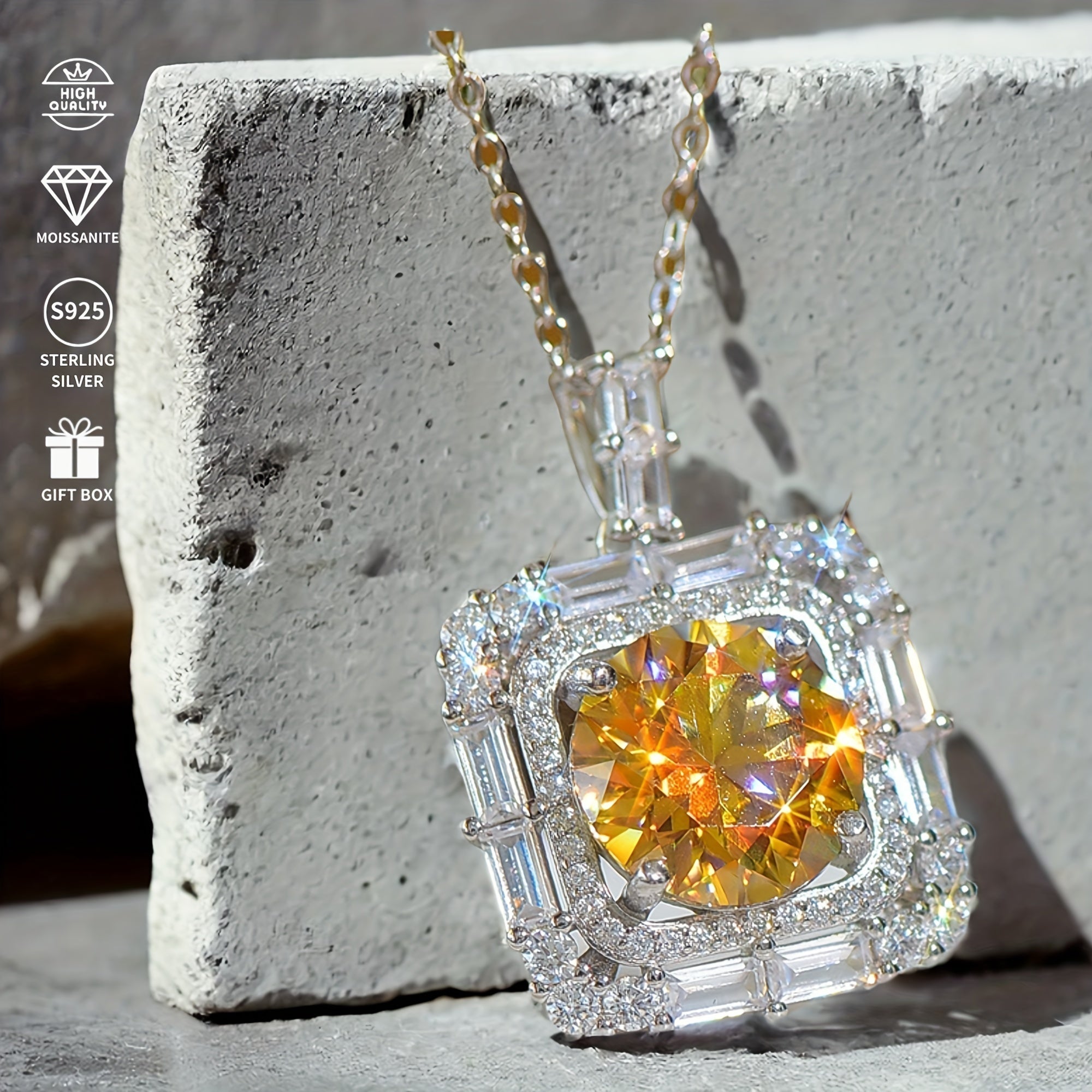 Sterling Silver Square Pendant Necklace 5 Carat Yellow Moissanite Jewelry
