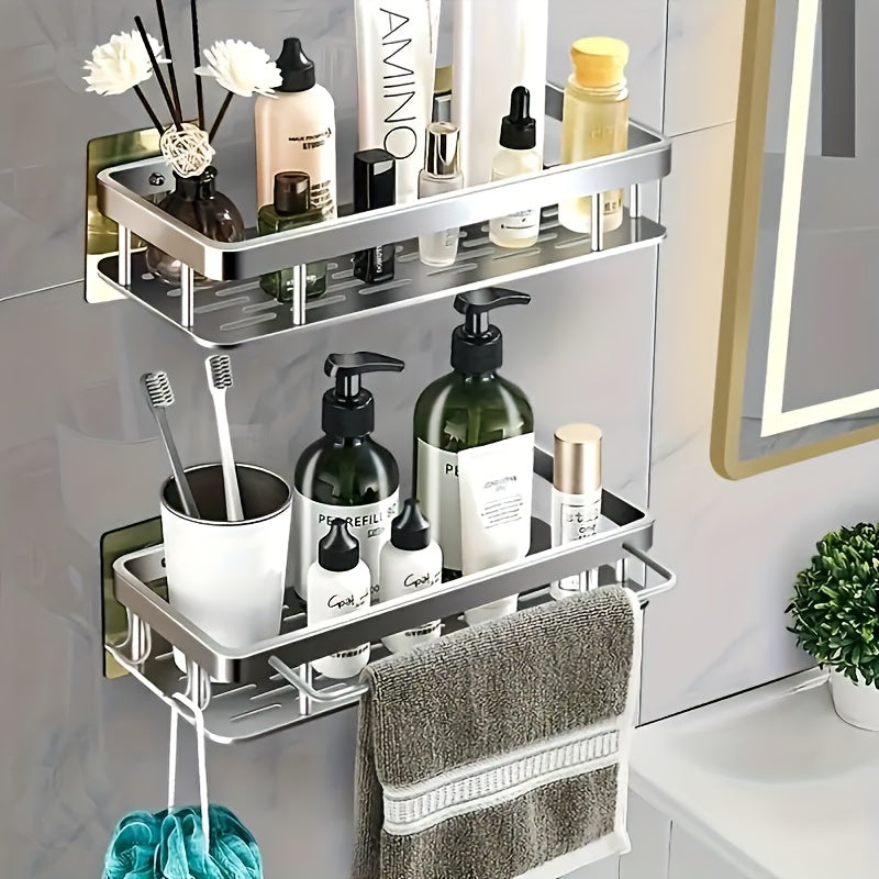 Wall-Mounted Bathroom Shelf Rack with Adhesive Shower Basket for Toiletries and Kitchen Storage