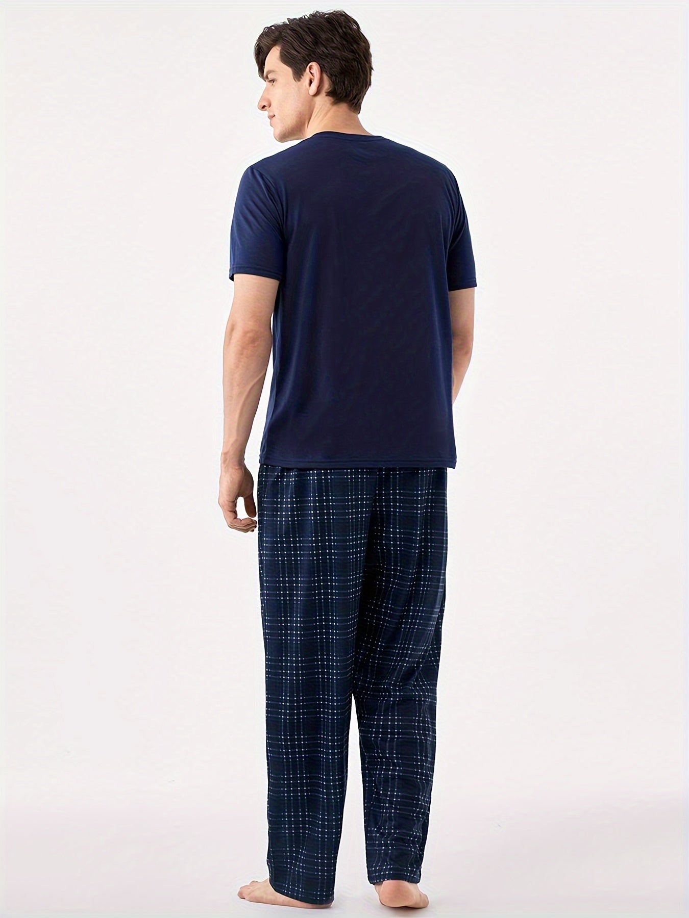Men's Blue Pajama Set with Short Sleeve Crew Neck Top and Plaid Trousers