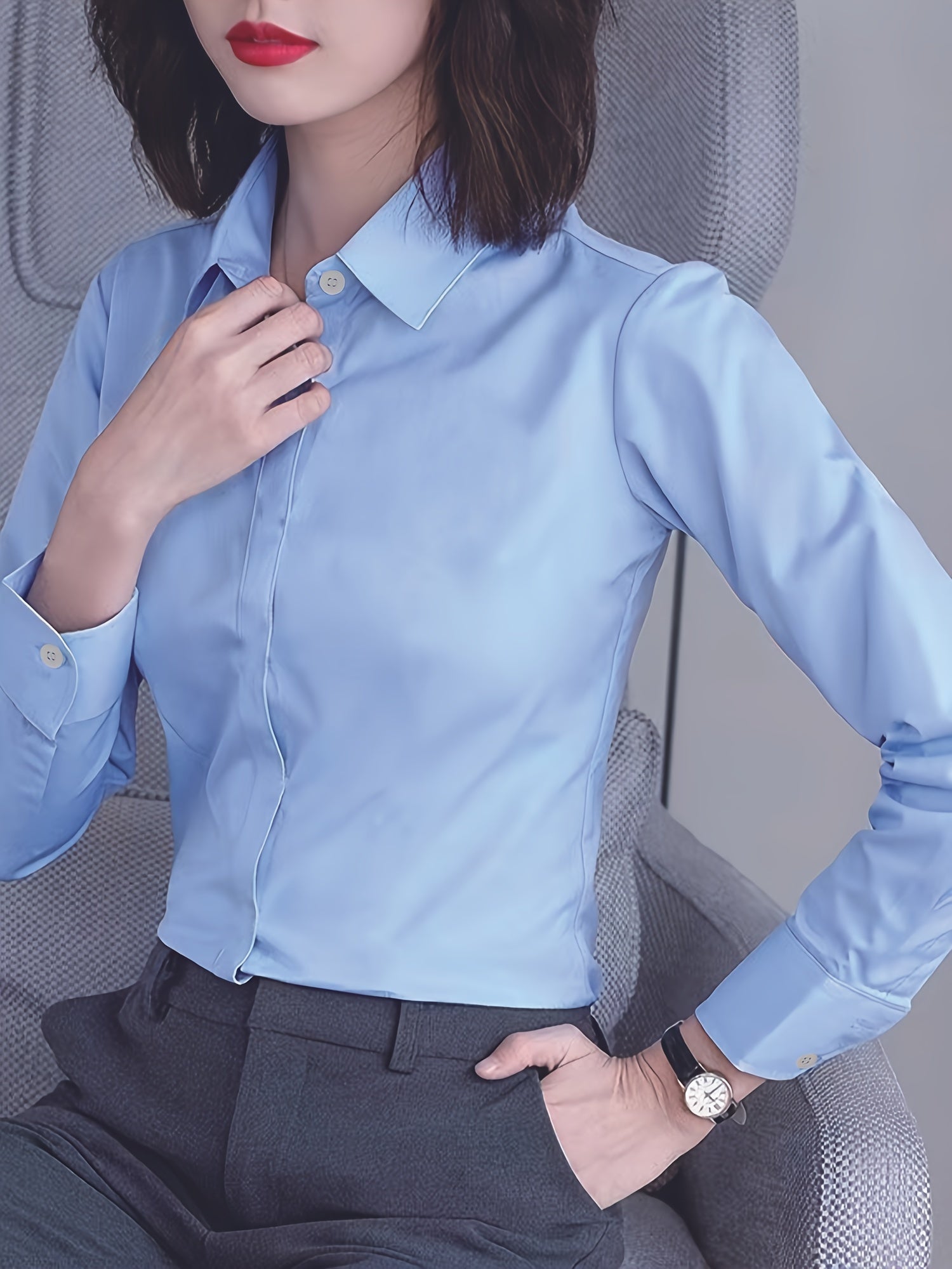 Women's White Long Sleeve Shirt for Work and Career Interviews Polyester Solid Sheer Spring Autumn