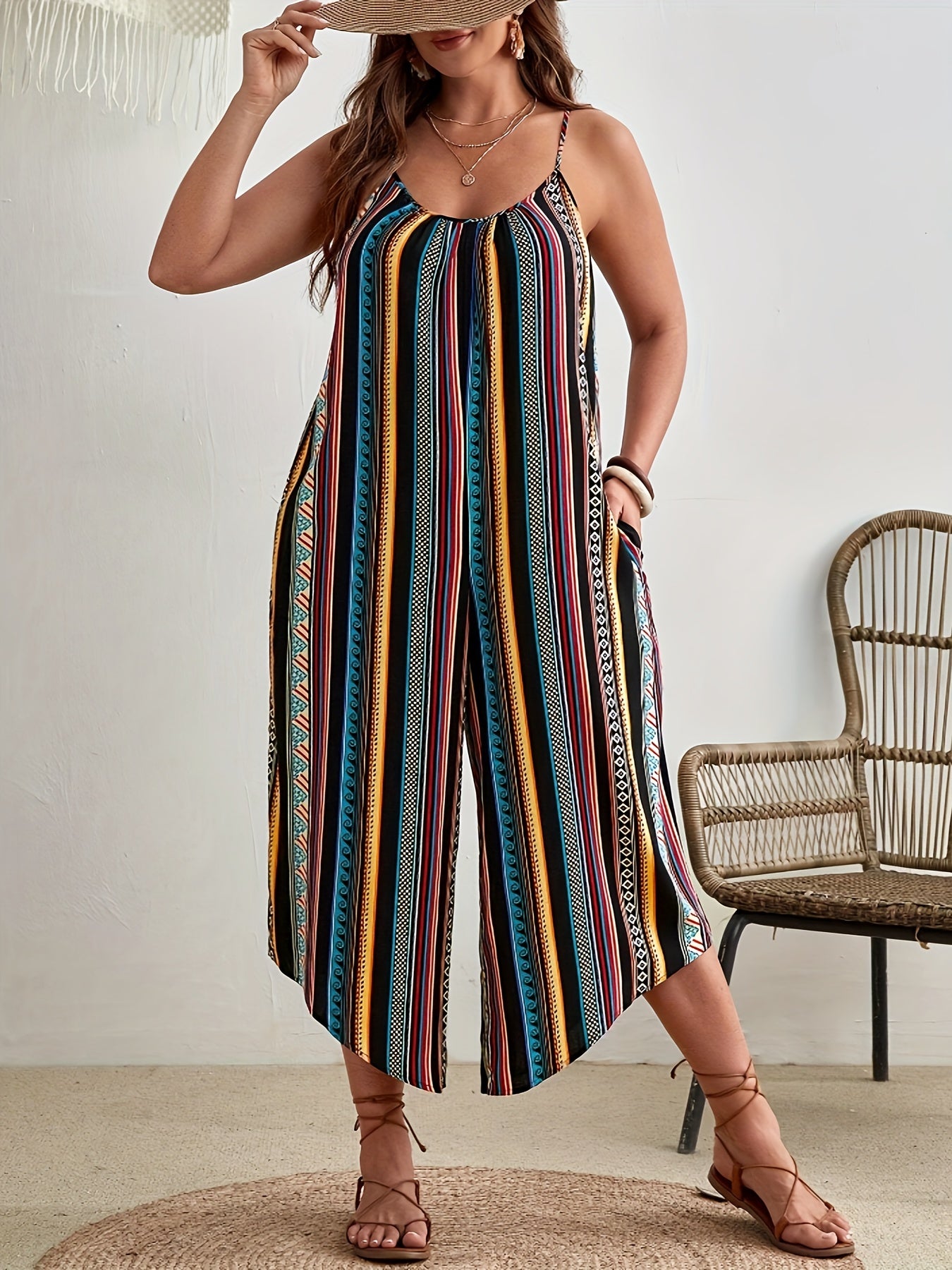 Women's Plus Size Vacation Jumpsuit Lightweight Vivid Print Sleeveless Summer