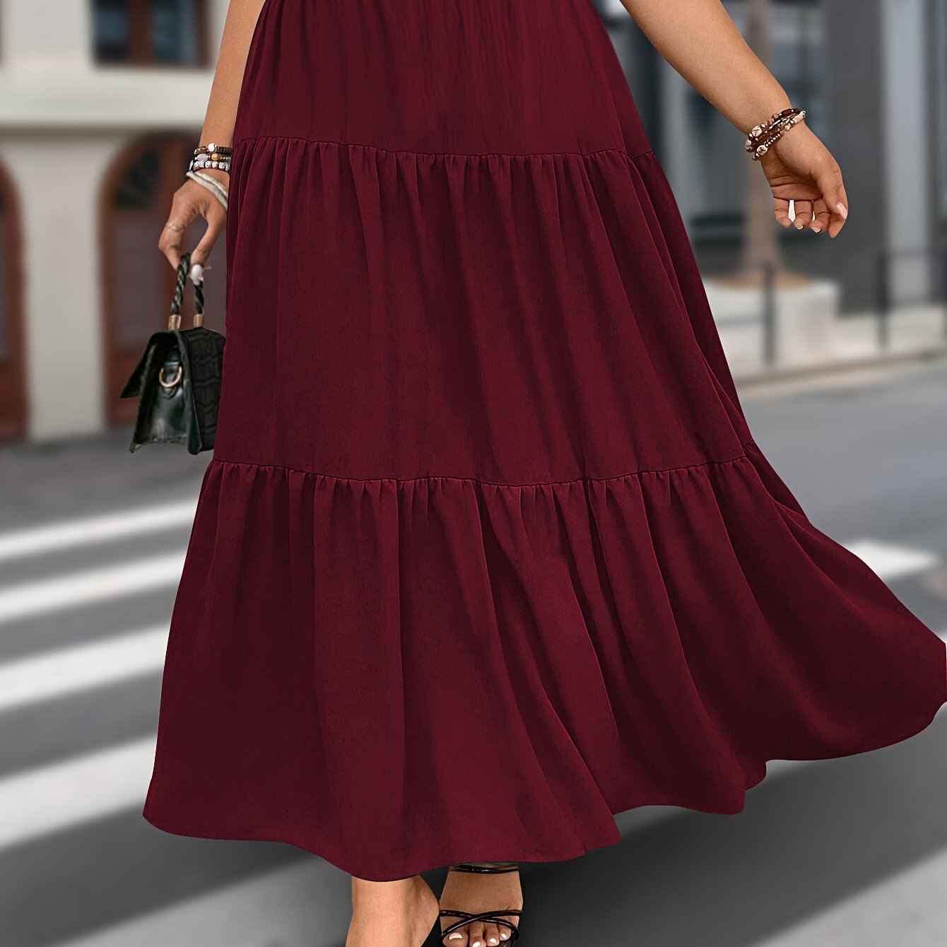 Черная миди-юбка с рюшей, эластичным поясом и однотонным дизайном для весны и лета