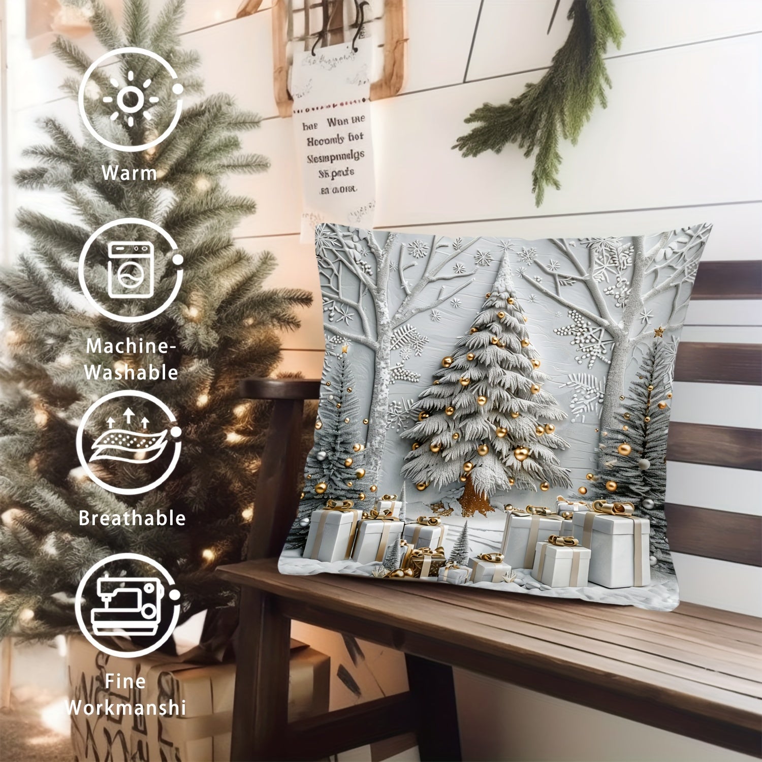 Christmas Tree and Gifts Pattern Throw Pillow Cover 44cm x 45cm Polyester Sofa Decor