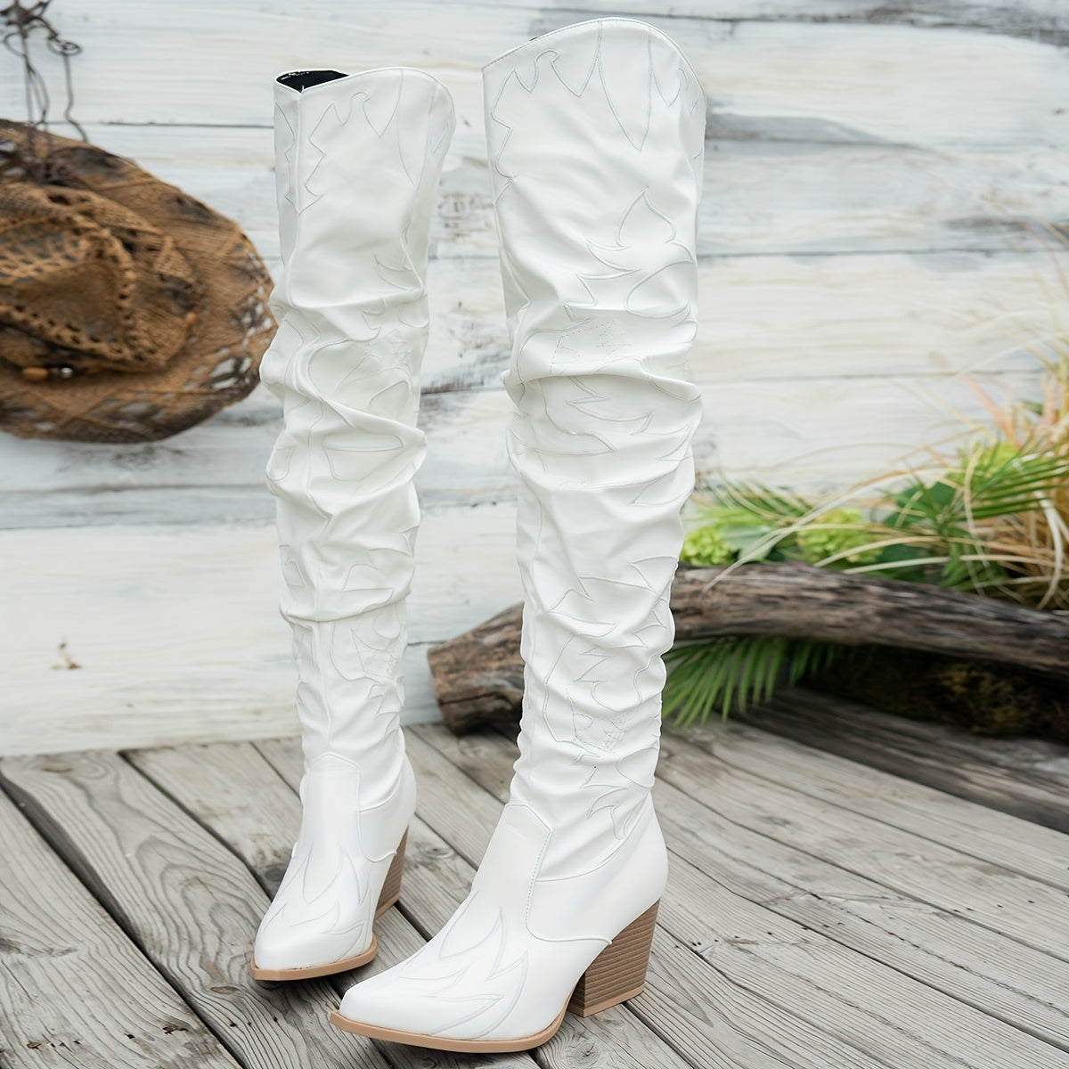 Women's Faux Leather Over-the-Knee Boots with Chunky Heel and Platform