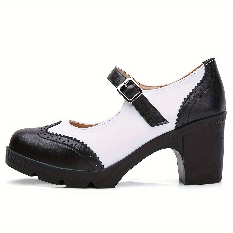 Women's Chunky Heel Brogue Pumps All-Match Classic Buckle Strap Office Shoes