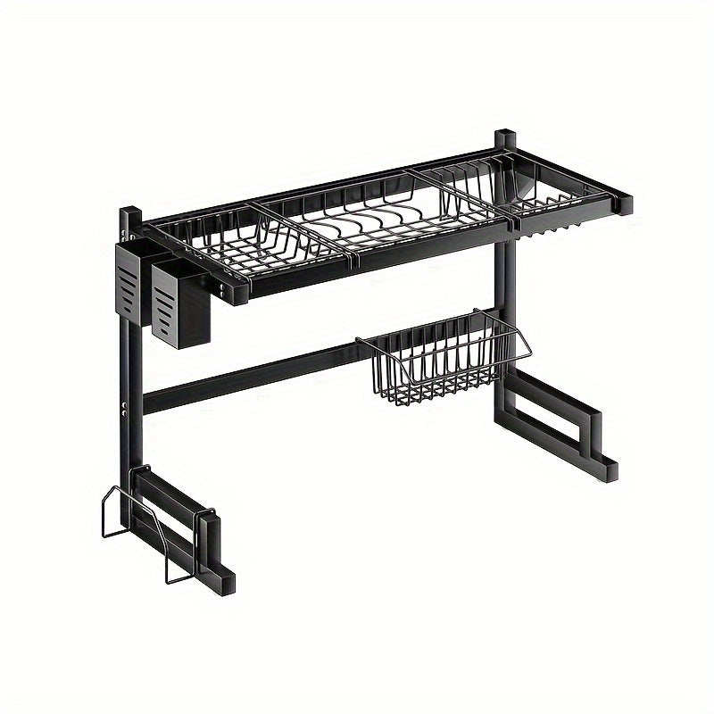 Estante para platos de acero inoxidable sobre el fregadero con soporte para utensilios y almacenamiento para platos