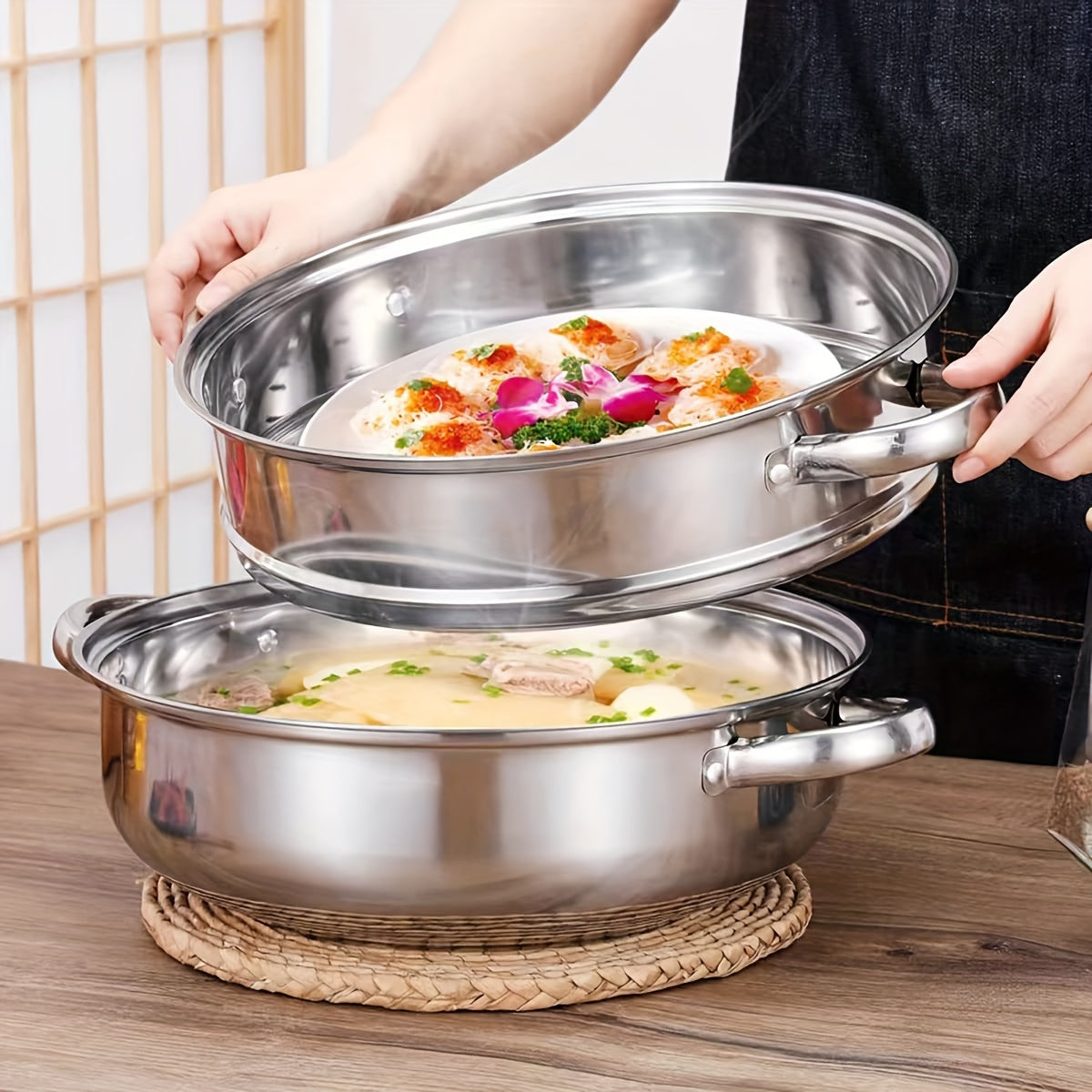 Stainless Steel 2-Tier Steamer Pot with Lid for Vegetables Dumplings Stocks