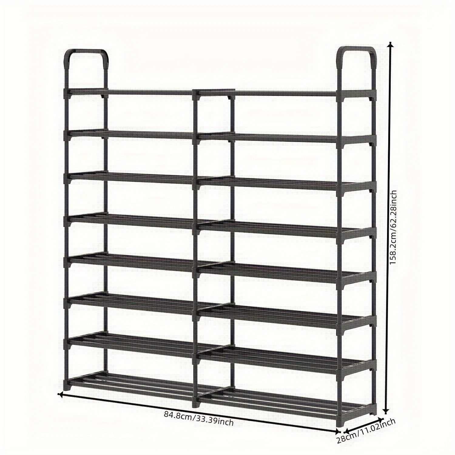 Estante para zapatos negro grande de 8 niveles con estructura metálica y asas laterales para organización de entrada