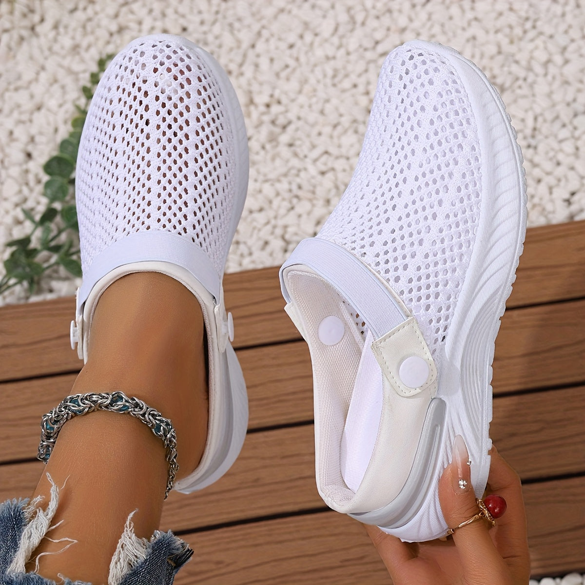 Women's White Breathable Mesh Slip-On Sneakers for Summer Beach Travel