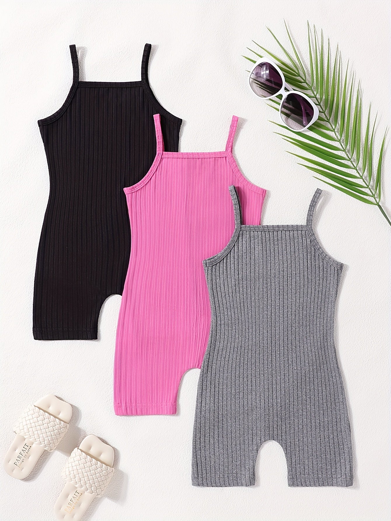 Girls' Summer Ribbed Cami Jumpsuit Set 3-Pack Solid Colors Casual Outdoor