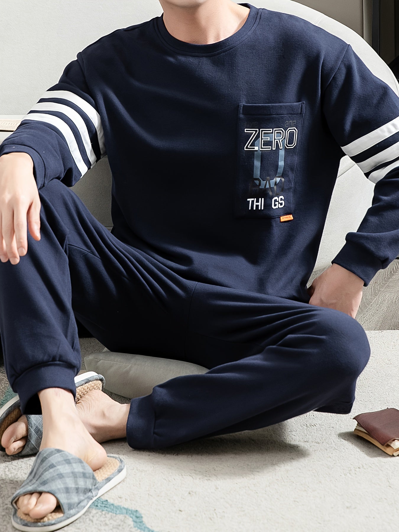Men's Cotton Pajama Set with Letter Graphic Print Long Sleeve Crew Neck Top and Loose Pants for Spring and Fall