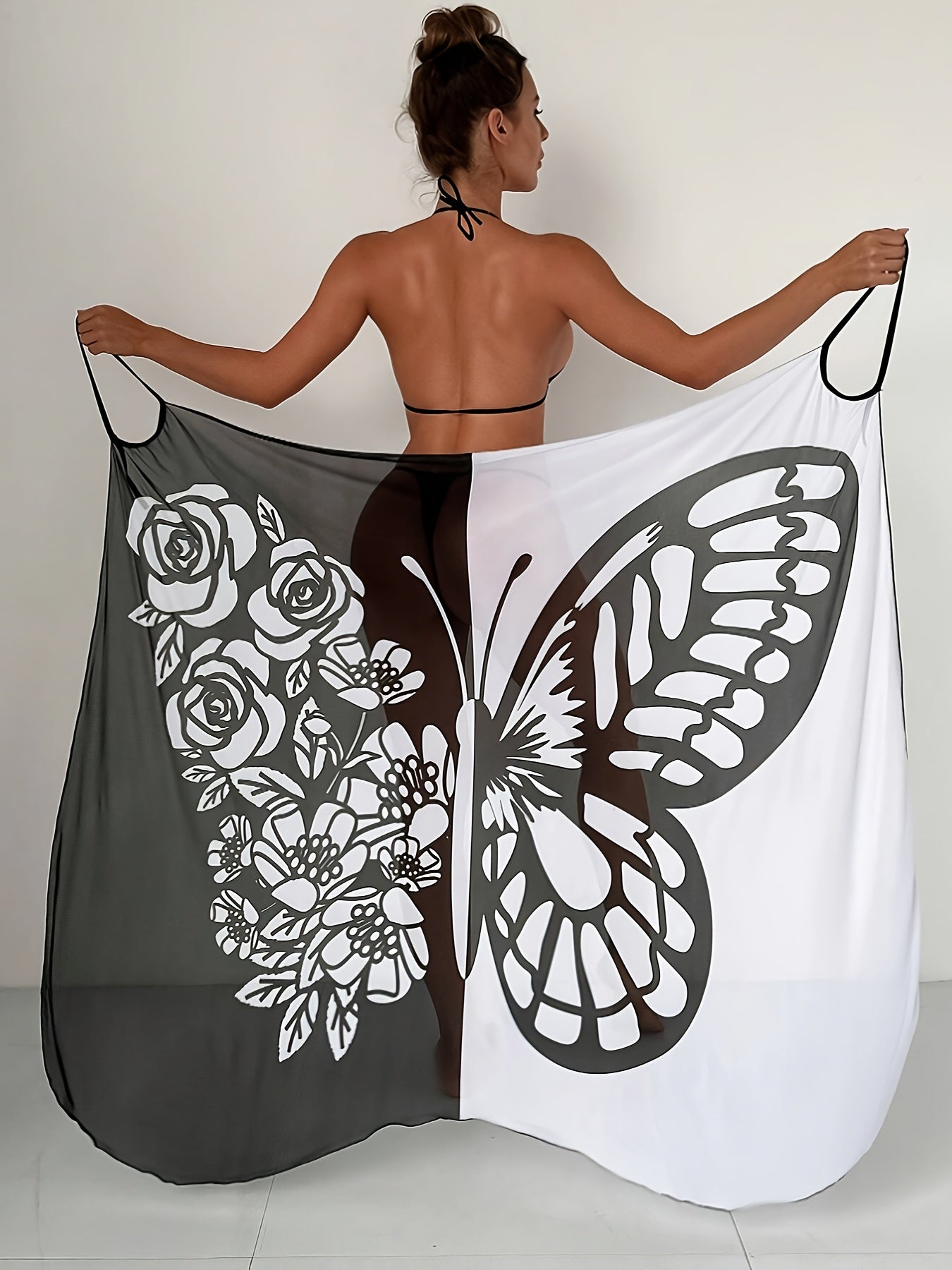 Boho Floral Mesh Cover-Up Dress with Cross Detail and Butterfly Hijab Shawl