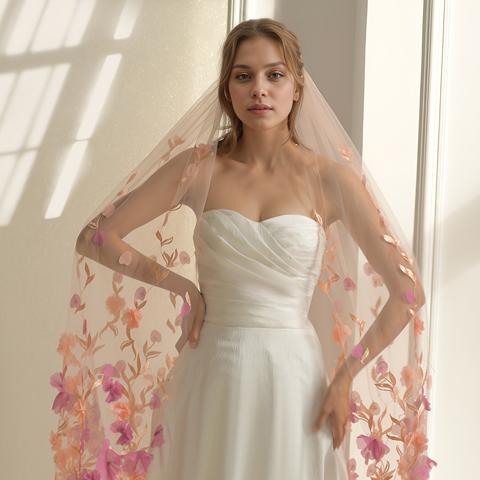 Women's Romantic Floral Lace Bridal Veil Single Layer Wedding Headpiece with Flower Accents