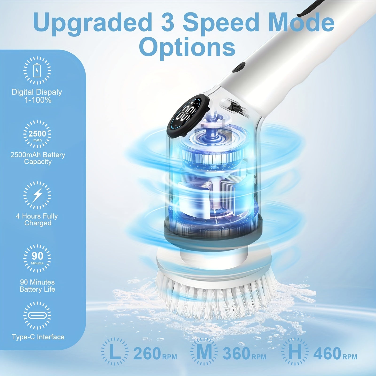 Rotating Electric Cleaning Brush with 8 Brush Heads, Battery Indicator, for Kitchen, Car, Tile, Floor