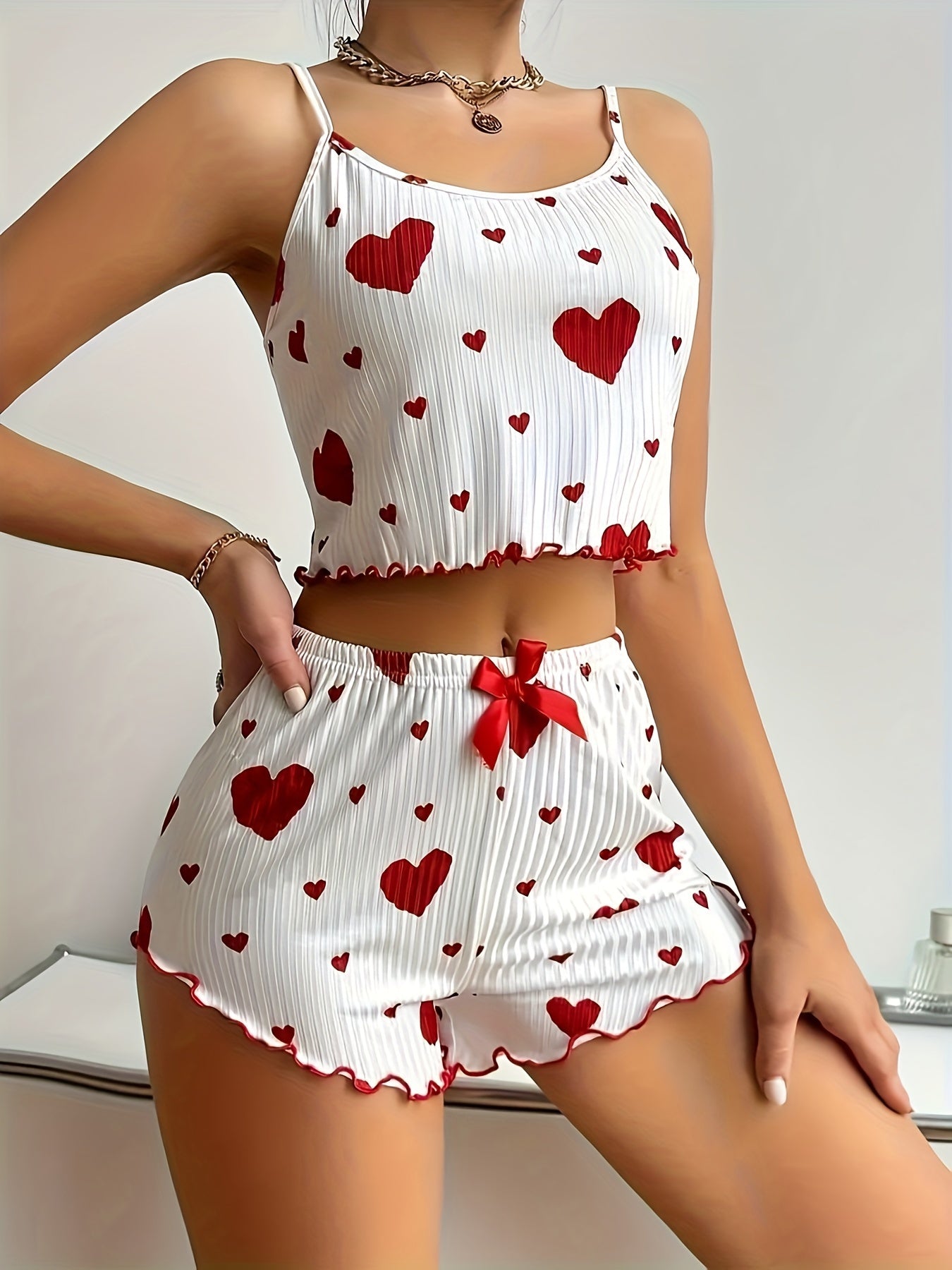 Women's Love Print Loungewear Set with Shorts and Pajama Top