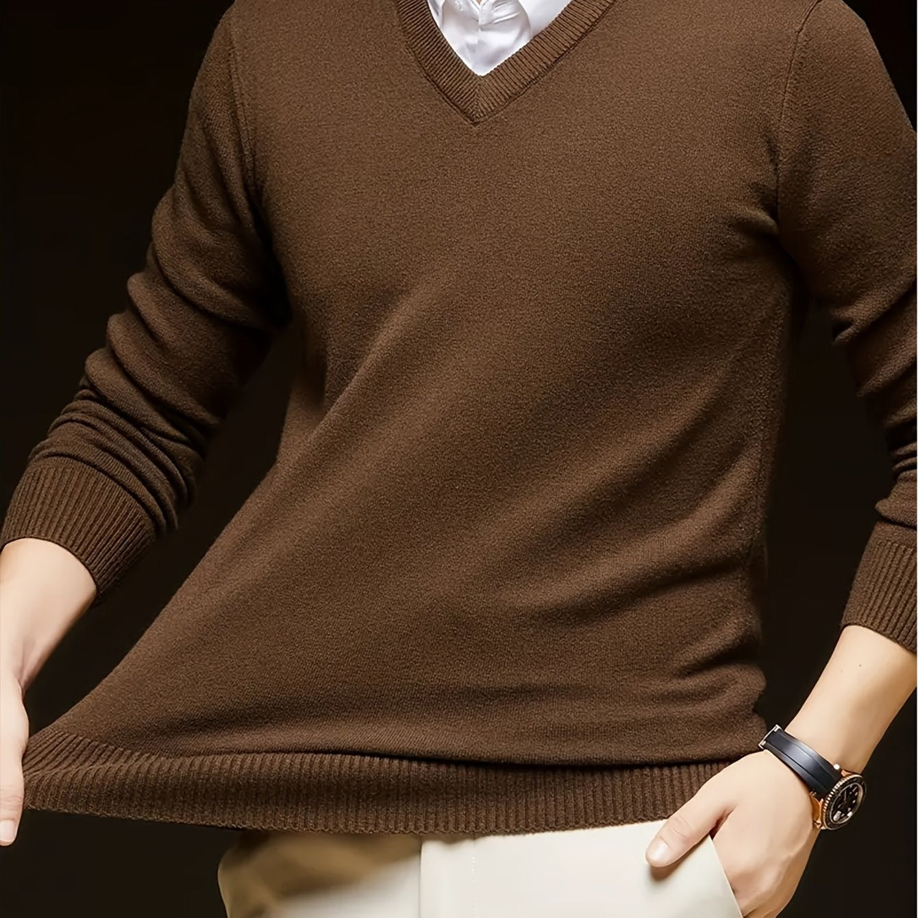 Men's Solid Color V-Neck Knit Sweater Long Sleeve Casual Pullover