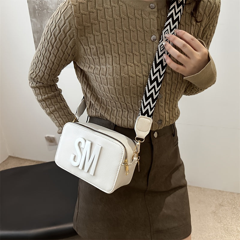 PU Crossbody Bag with Adjustable Wide Strap Zigzag Pattern in White Black Pink Light Brown