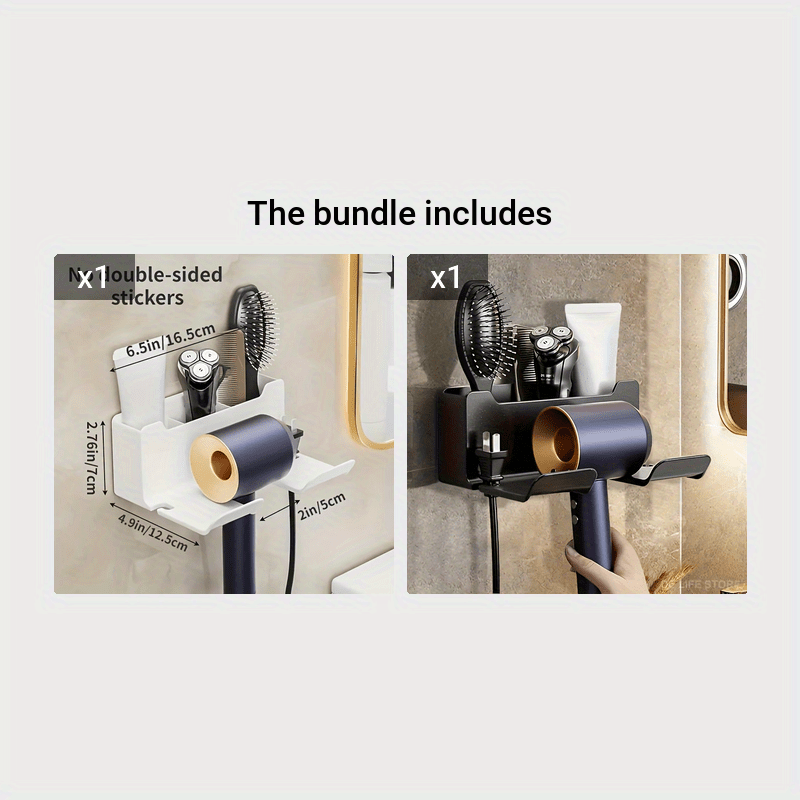 Wall-Mounted Hair Dryer Holder Metal Plastic Space-Saving Bathroom Organizer 16.5x7x12.5cm