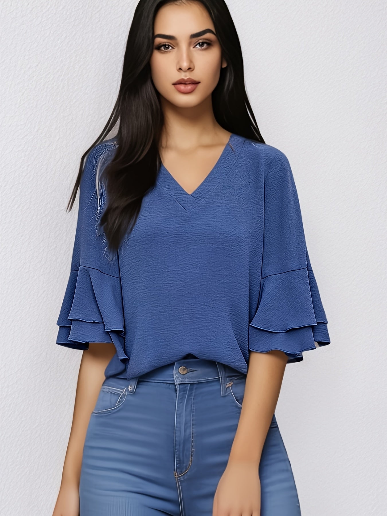 Women's Plus Size V-Neck Blouse Polyester Spandex Lettuce Trim Fall Top