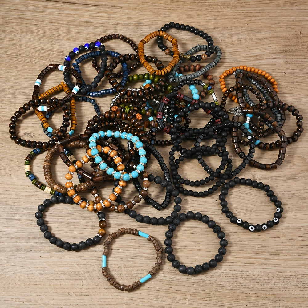 Set of 12 or 24 Autumn Winter Wooden Bead Stackable Elastic Wire Bracelets for Women