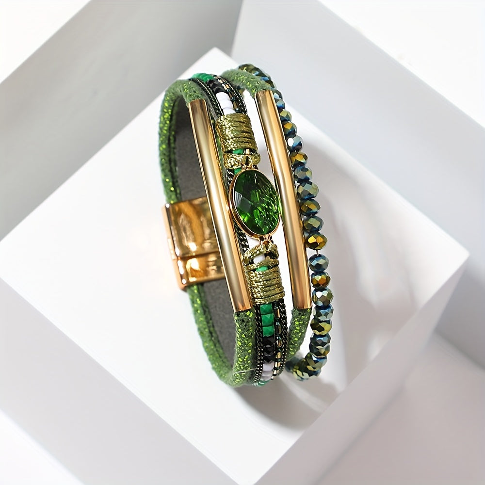 Multilayer Faux Leather Wrap Bracelet with Green Crystal Beads and Gold Accents for Women
