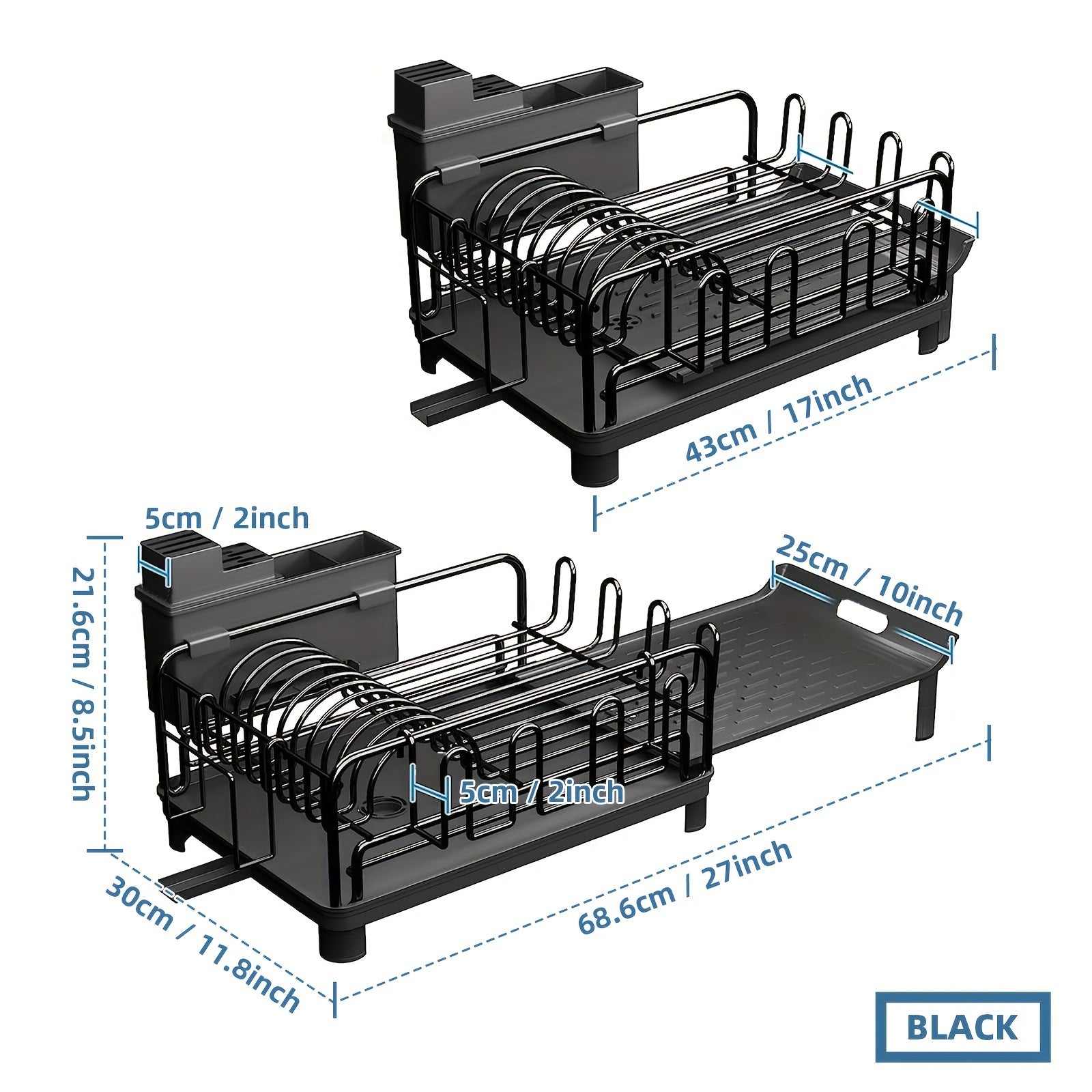 Gran escurridor de platos extensible con soportes para cubiertos y tazas, organizador de cocina resistente a la oxidación