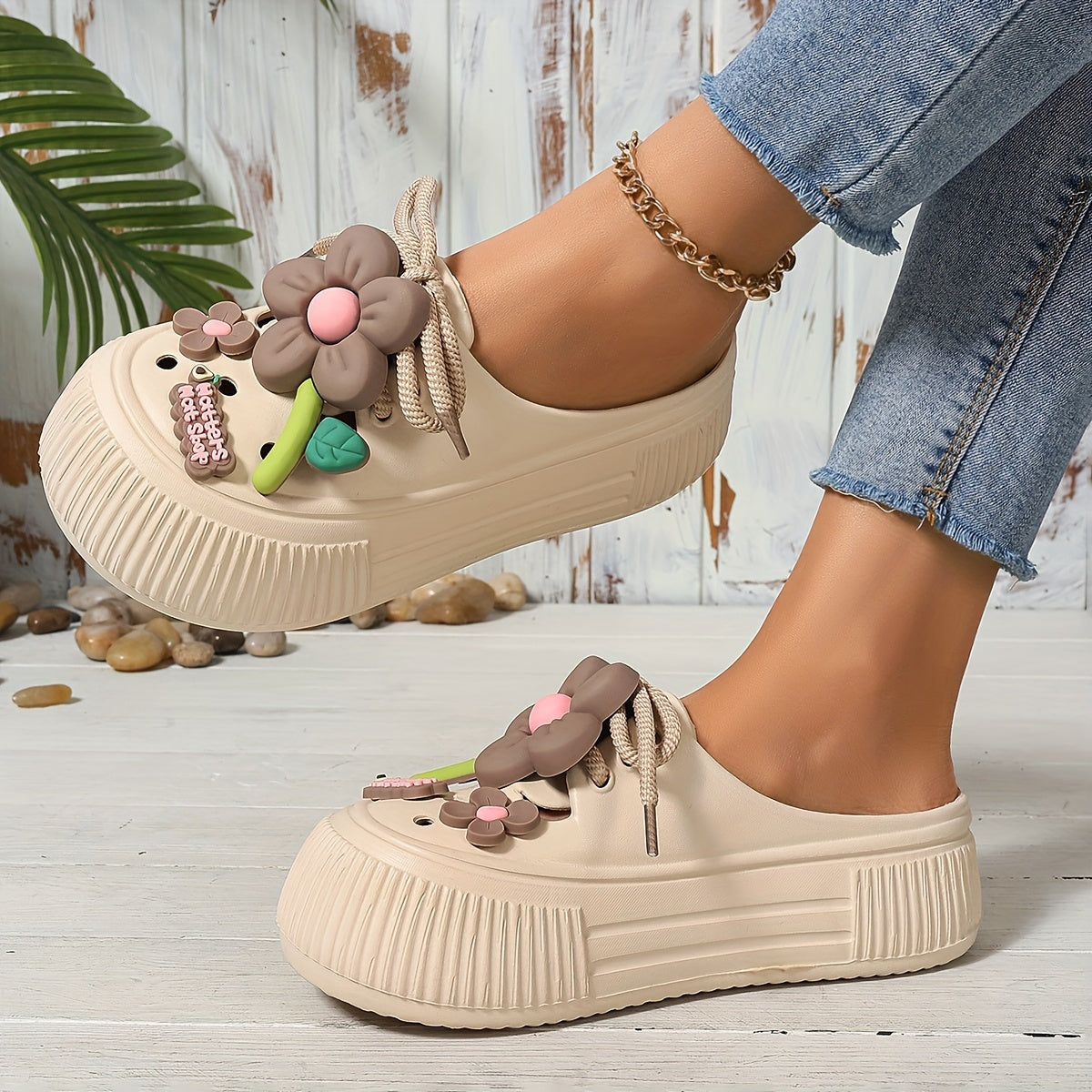 Women's Casual Flower Pattern EVA Mules, Sunflower Design, Flat Heel