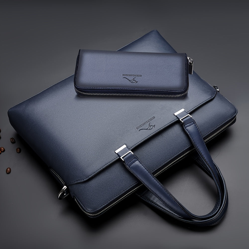 Men's Minimalist Black PU Leather Handbag Set with Computer Briefcase for Office