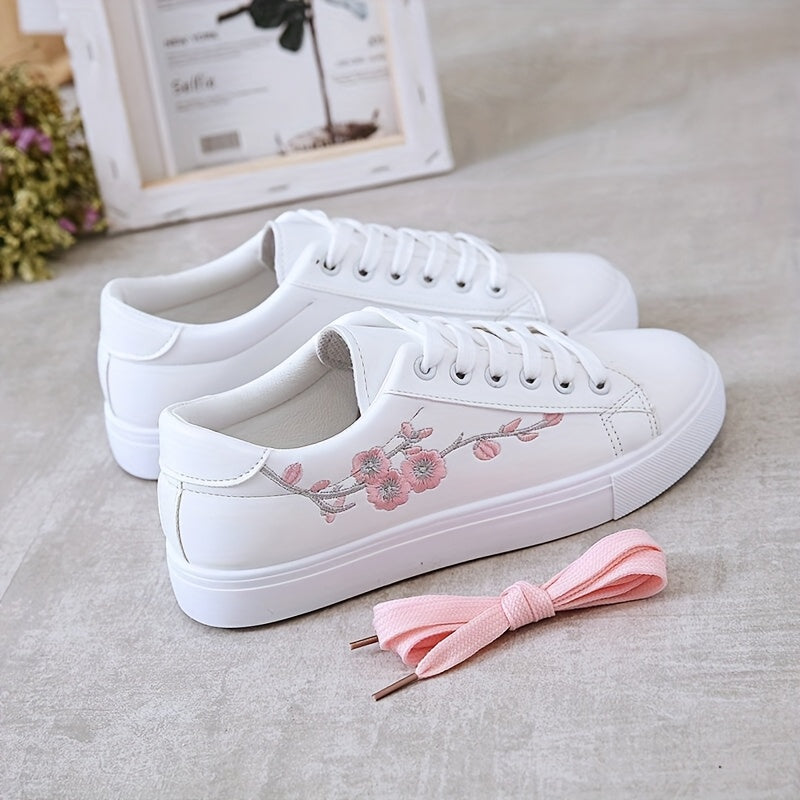 Women's Floral Embroidered White Low-Top Sneakers Synthetic Casual Shoes