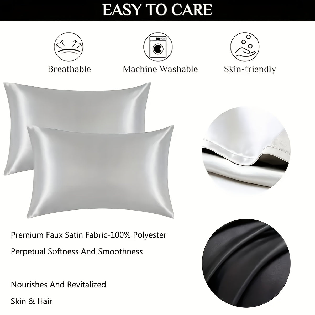 Silky Soft Satin Pillowcase Breathable Skin-Friendly Cooling Solid Colors