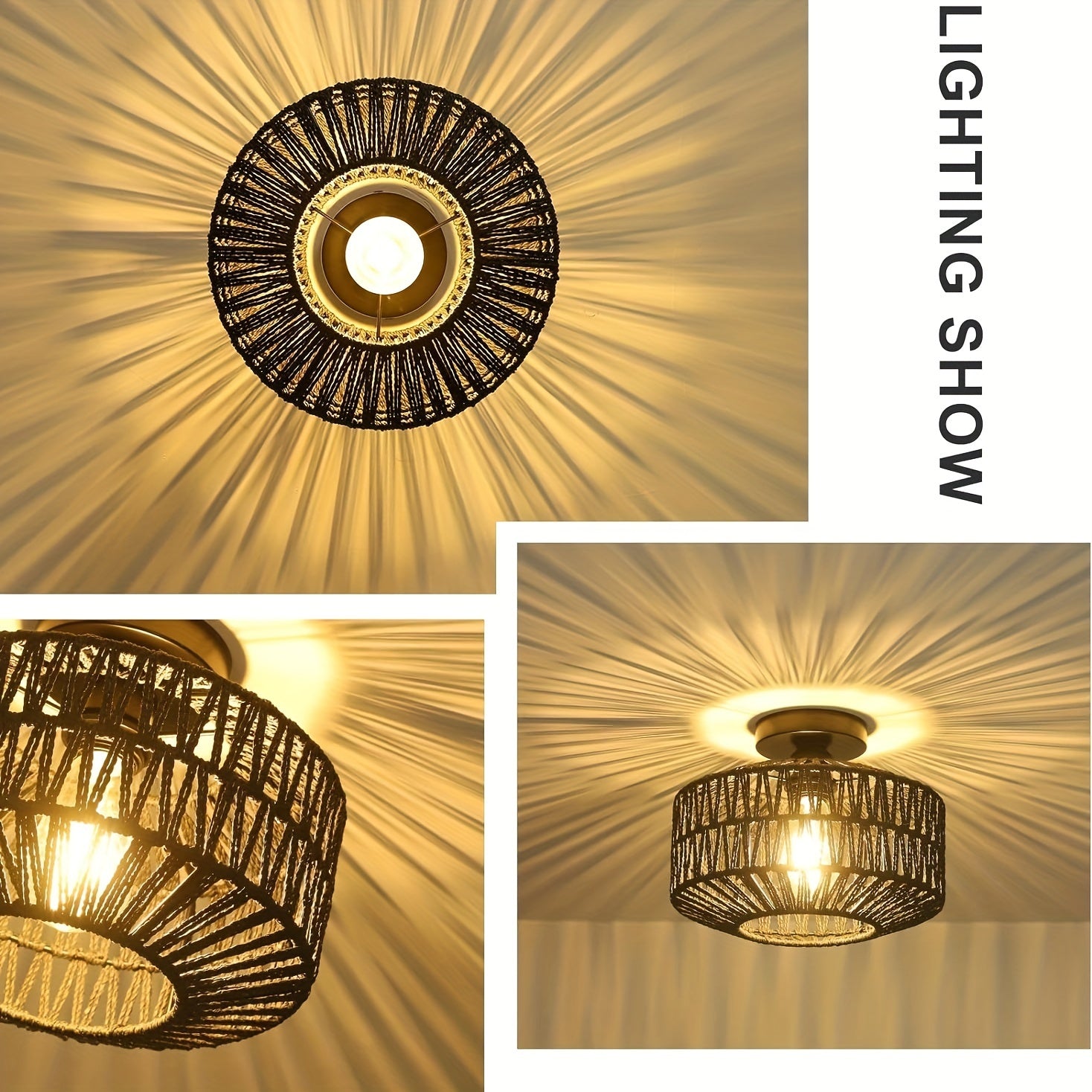 Bohemian Rattan Semi-Flush Mount Ceiling Light Fixture with Modern Metal Frame