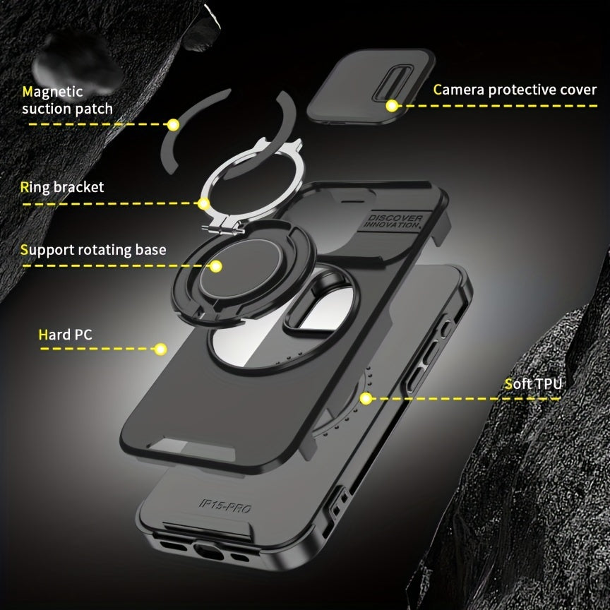 iPhone Case with Sliding Camera Cover Full Protection Shockproof Matte TPU Ring Holder Magnetic Car Bracket