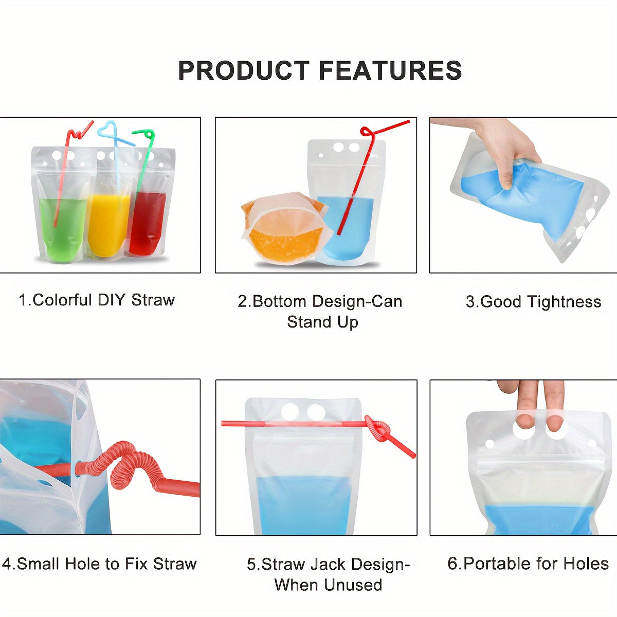 20 ta plastik ichimlik paketlari, quvur teshiklari bilan, qayta yopiladigan, portativ sharbat sumkalar