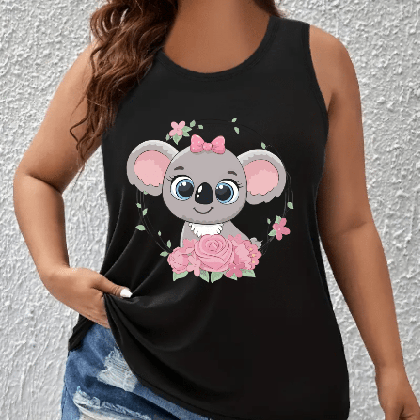 Top sin mangas de mujer talla grande con hombros descubiertos y estampado de koalas y flores