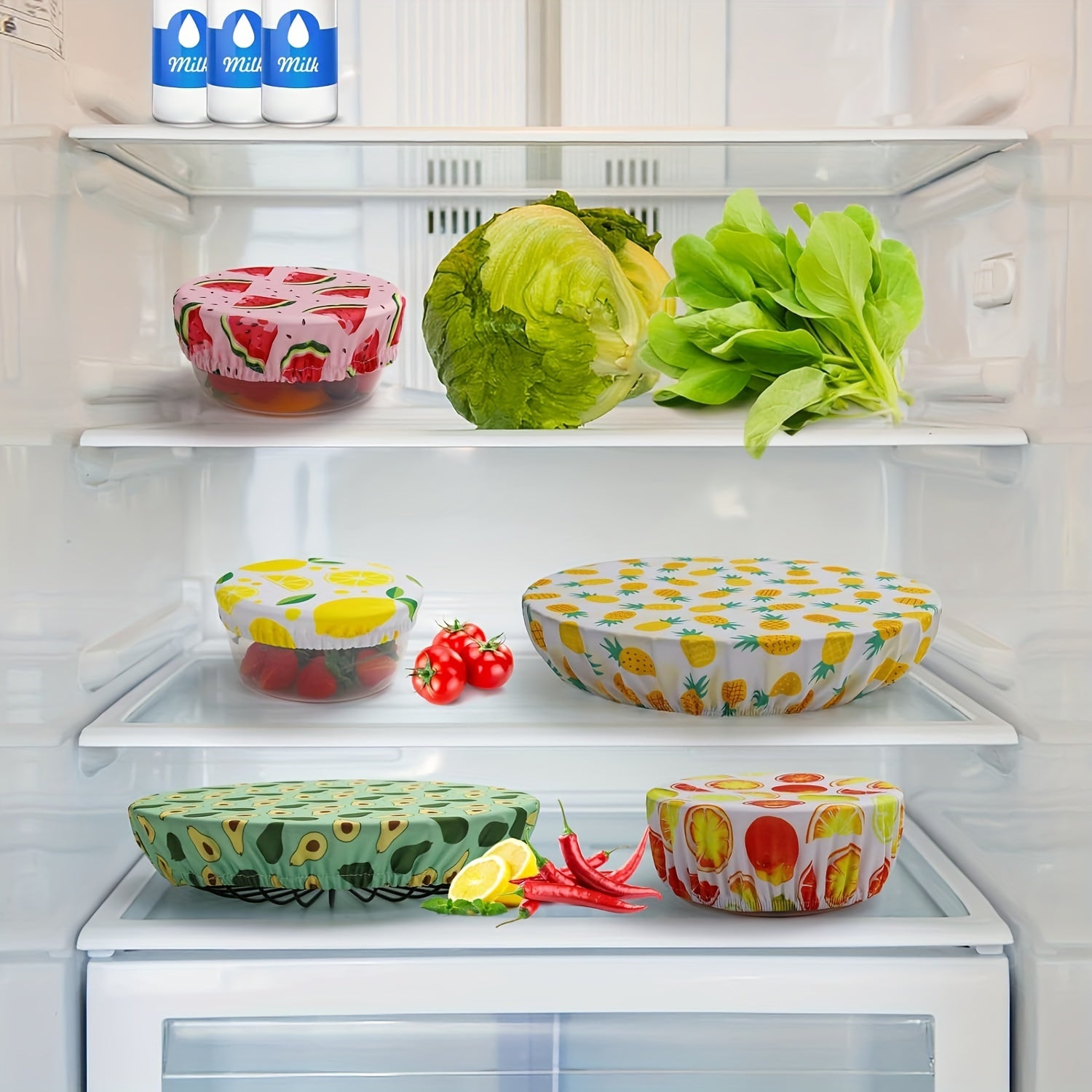 Set of 5 Elastic Polyester Bowl Covers, Stretchy and Reusable Fabric Lids for Food Storage, Perfect for Kitchen Jars and Containers, Safe for Food Contact, Various Designs Included