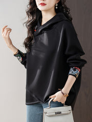 Women's Black Hoodie with Colorful Embroidery Loose Fit Pullover