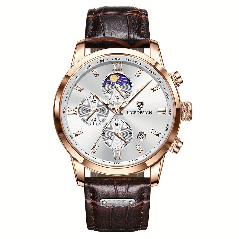 Men's PU Leather Sport Quartz Wristwatch with Chronograph for Men