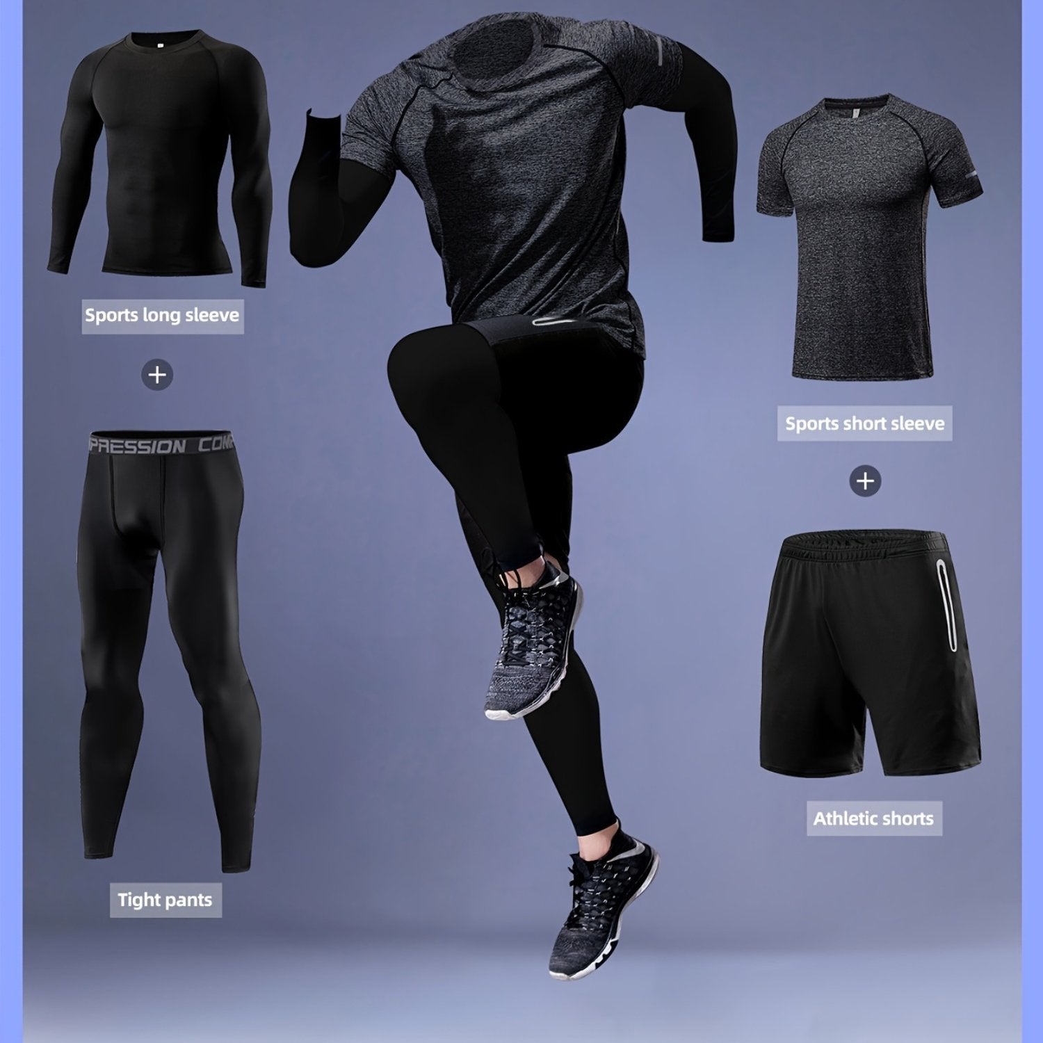 Men's 4-Piece Sports Set Long-Sleeve T-Shirt Pants Shorts for Autumn Basketball Fitness