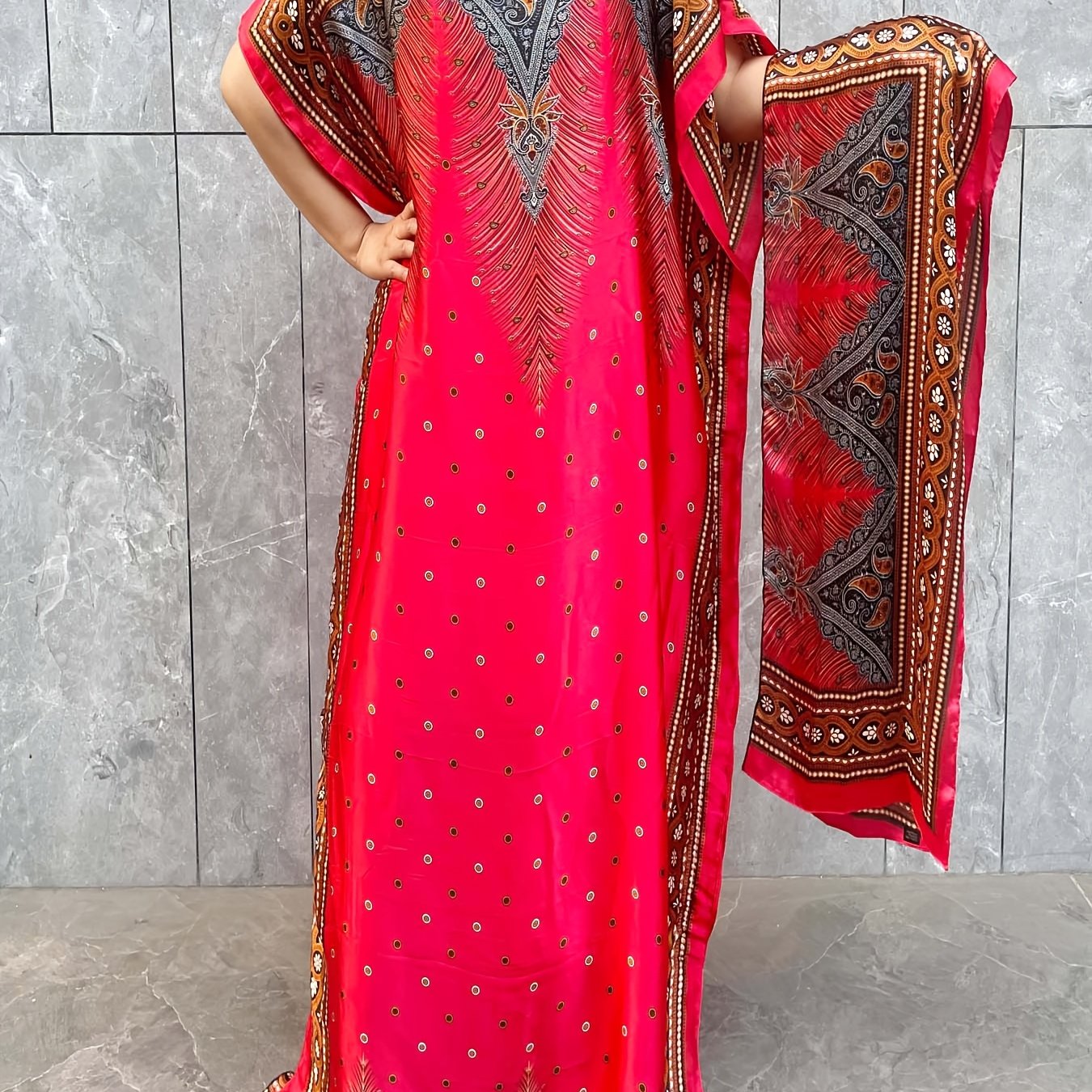 Платье макси для женщин больших размеров с геометрическим принтом, рукав-крыло и свободным кроем, красно-черное