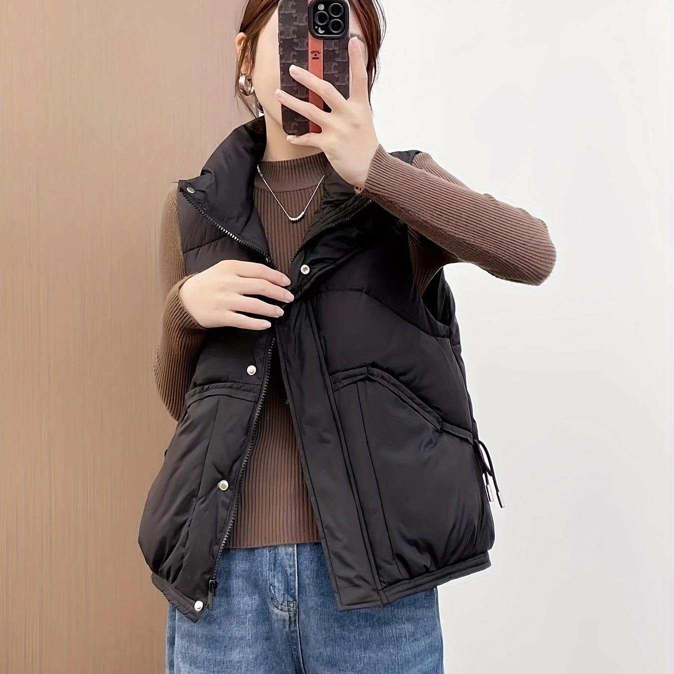 Women's Waterproof Sleeveless Puffer Vest in Solid Cream Polyester for Casual Wear