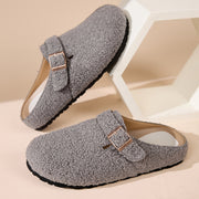 Women's Plush Mule Slippers with Adjustable Buckle Non-Slip Sole Indoor Outdoor