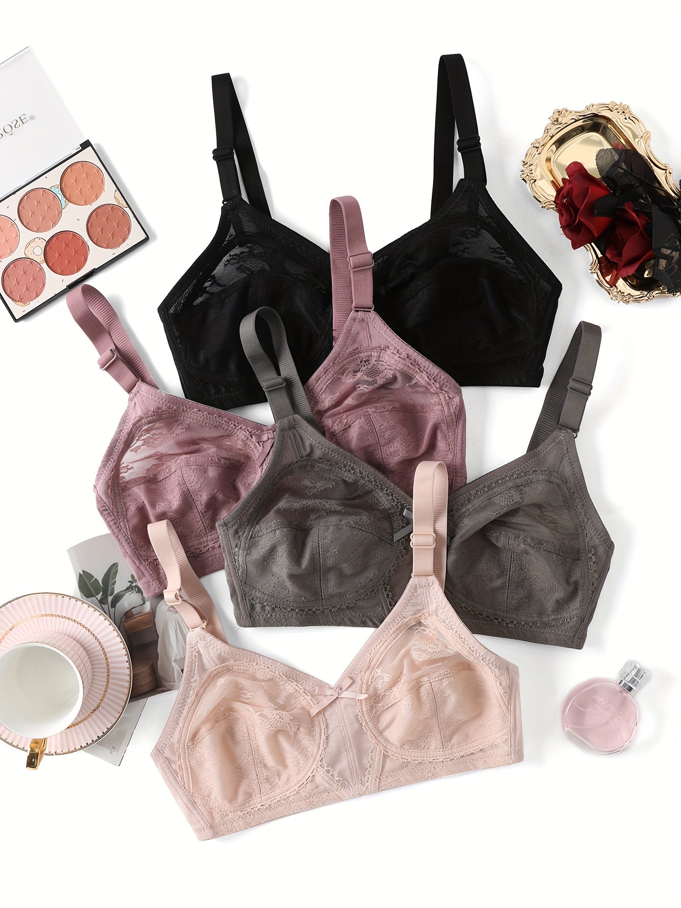 Women's Lace Bras Pack of 4 Comfortable Breathable Contrast Design Lingerie